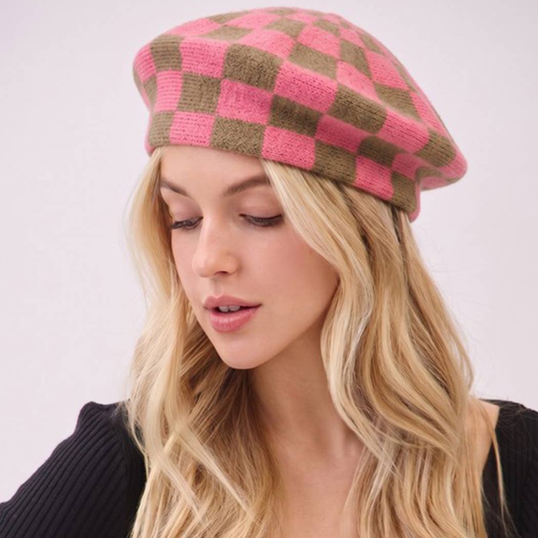 Geometric Checkered Knit Beret: TNPK