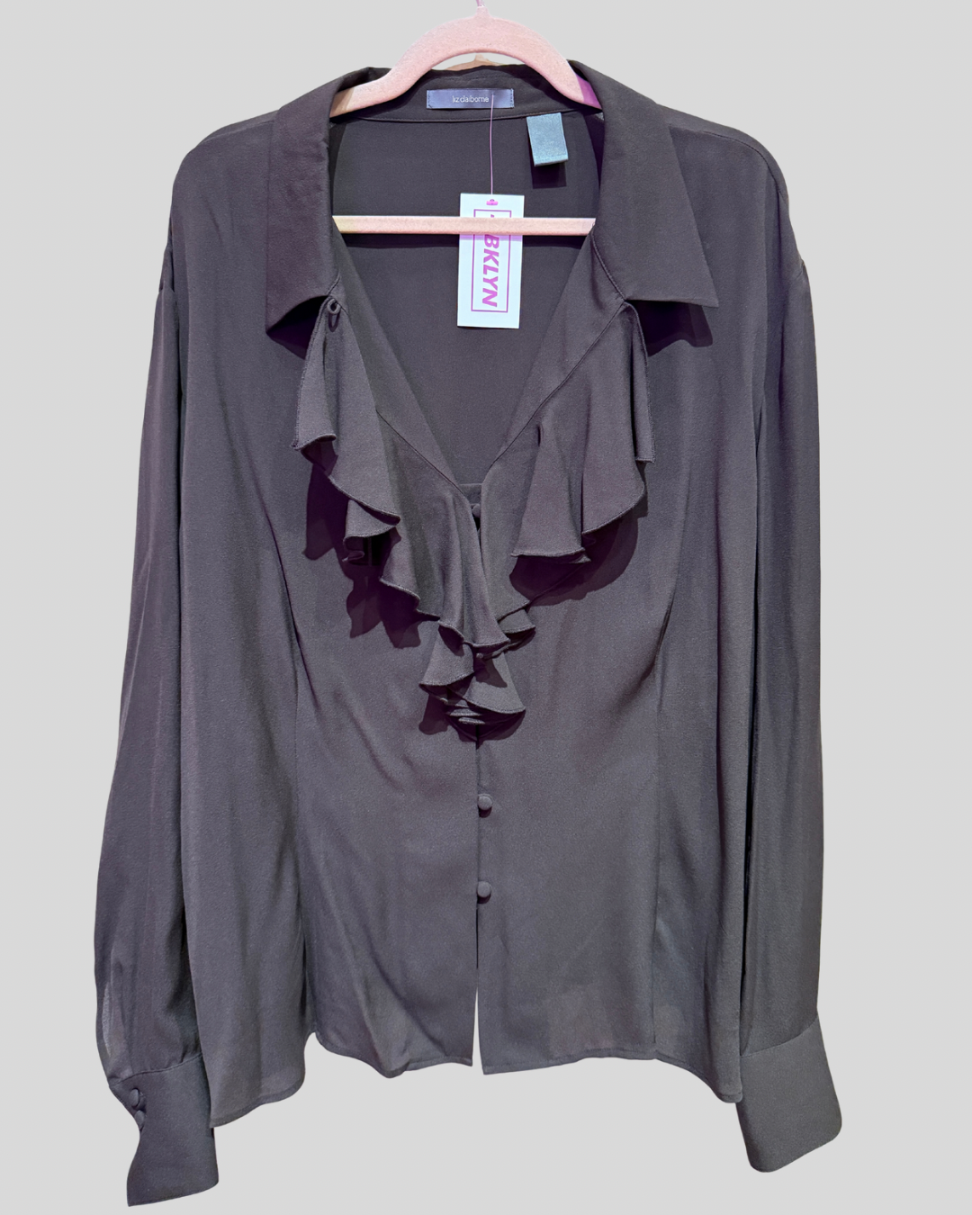 Liz Claiborne Deep Brown Silk Ruffle Front Blouse (24)