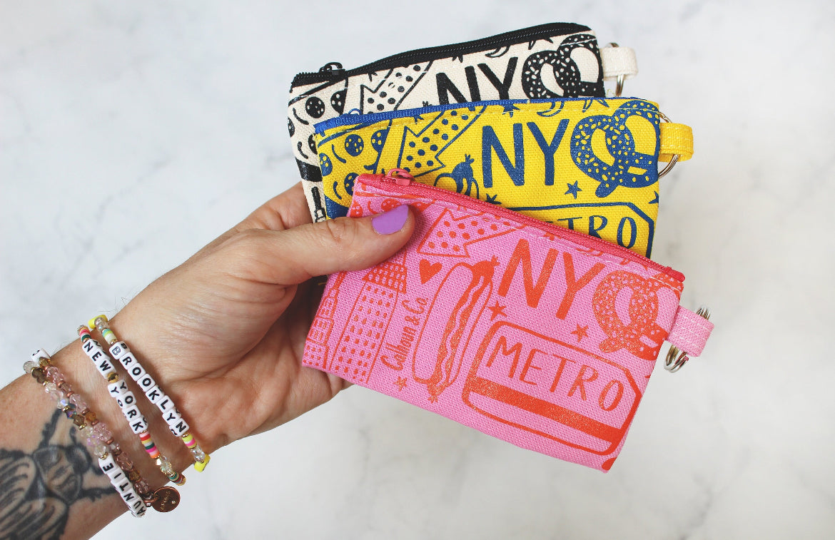 New York Zipper Card Pouch with Keyring: Pink/Orange