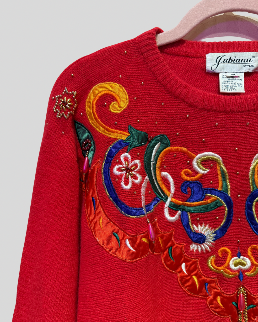 VINTAGE jubiana stylist lambswool & agora blend red beaded sweater (M up to 1X)