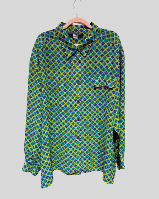 Vintage Maggie McNaughton Green and Blue Diamond Print Button Down Top (4X)