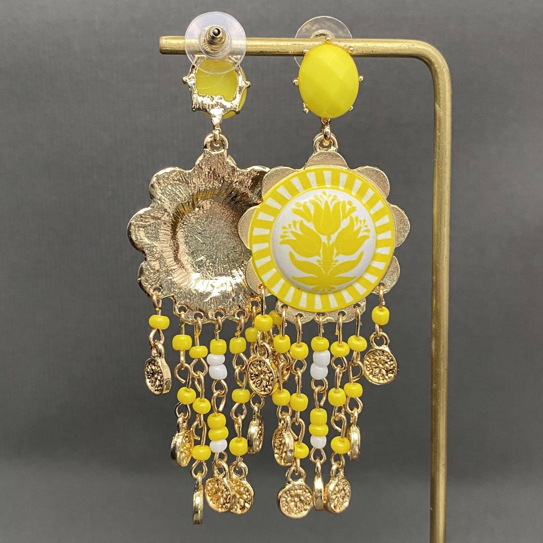 Enamel Tulip Flower Coin Tassel Dangle Earrings: Red