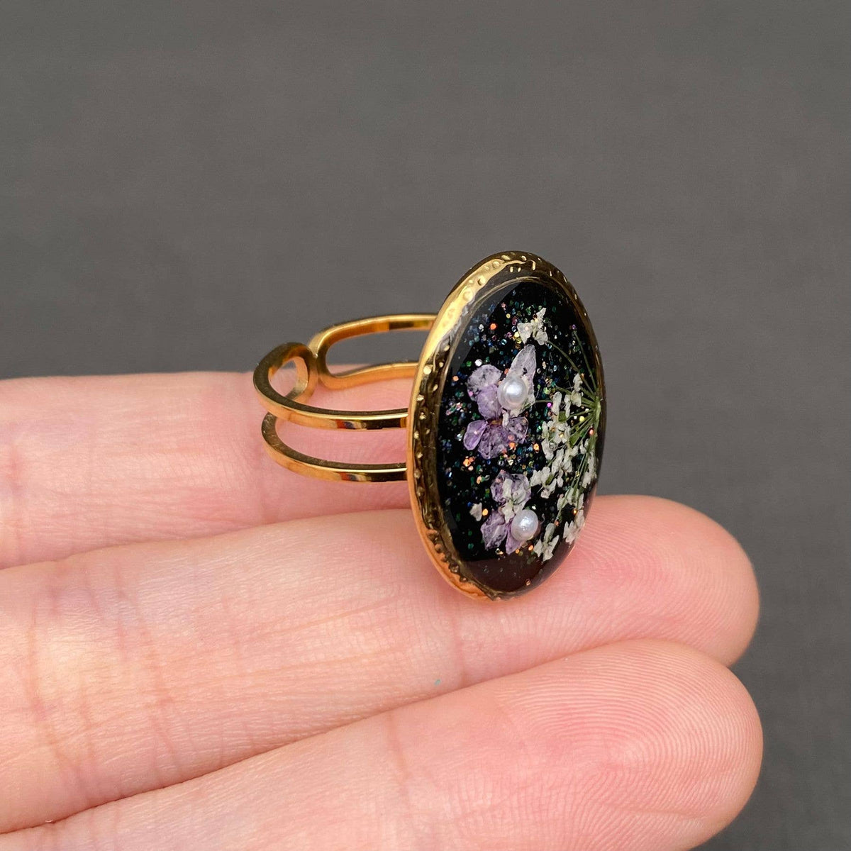 Dried Flowers Floral Oval 18K Golden SS Adjustable Ring -PDF: F