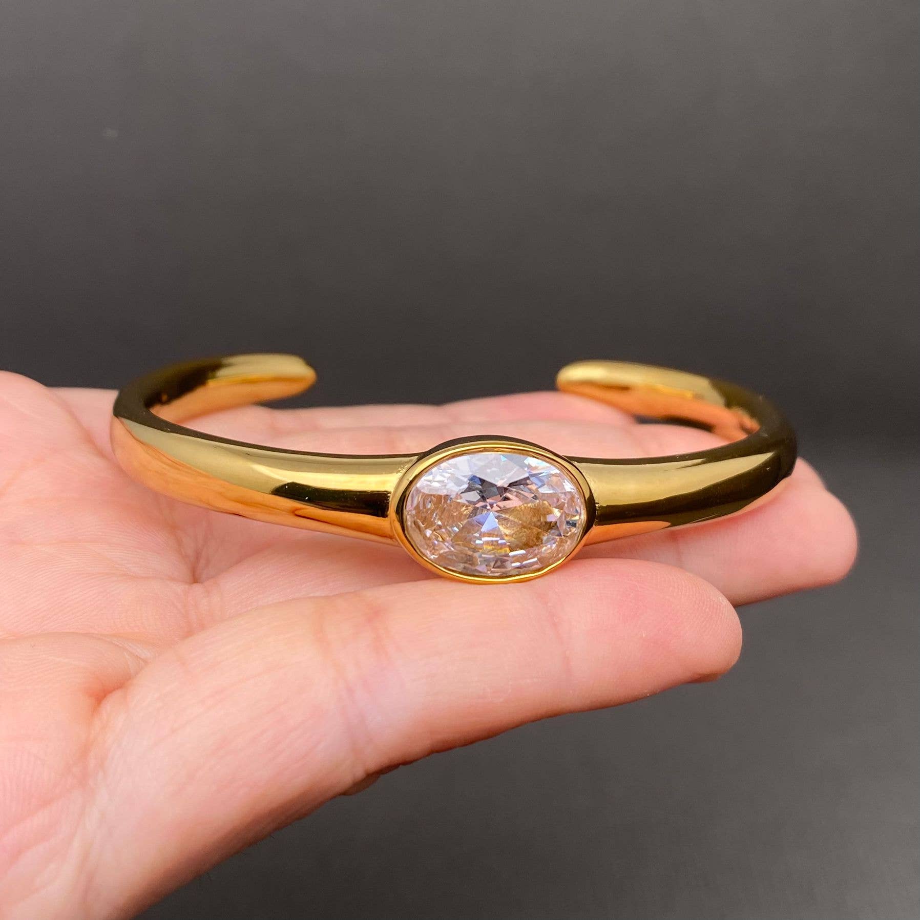 Zircon Inlaid 18K Gold Plated Stainless Steel Cuff - FGS: White