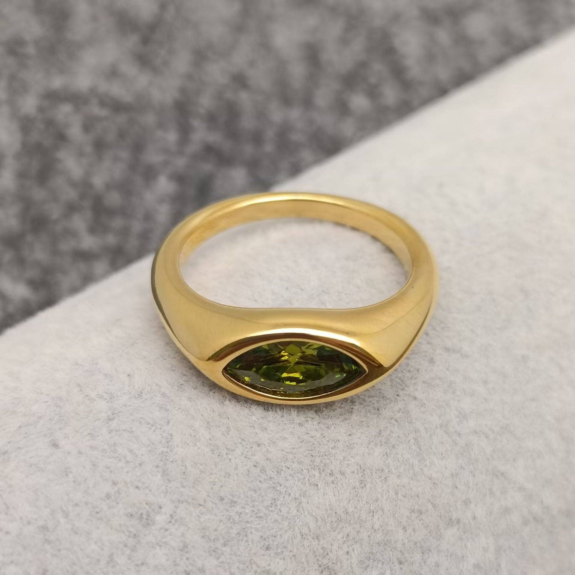 FGS - Horse Eye Zircon 18K Gold Plated Stainless Steel Ring: Green / 8