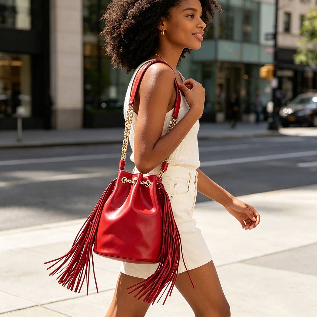 Chic Fringe & Chain Bucket Bag: BUR