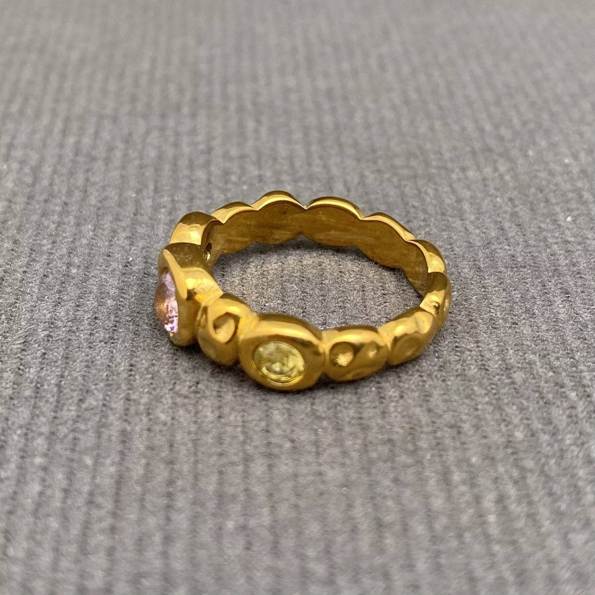 Zircon Inlaid Hammer Texture 18K Gold Plated S.Steel Ring - FGS: Colored / 8