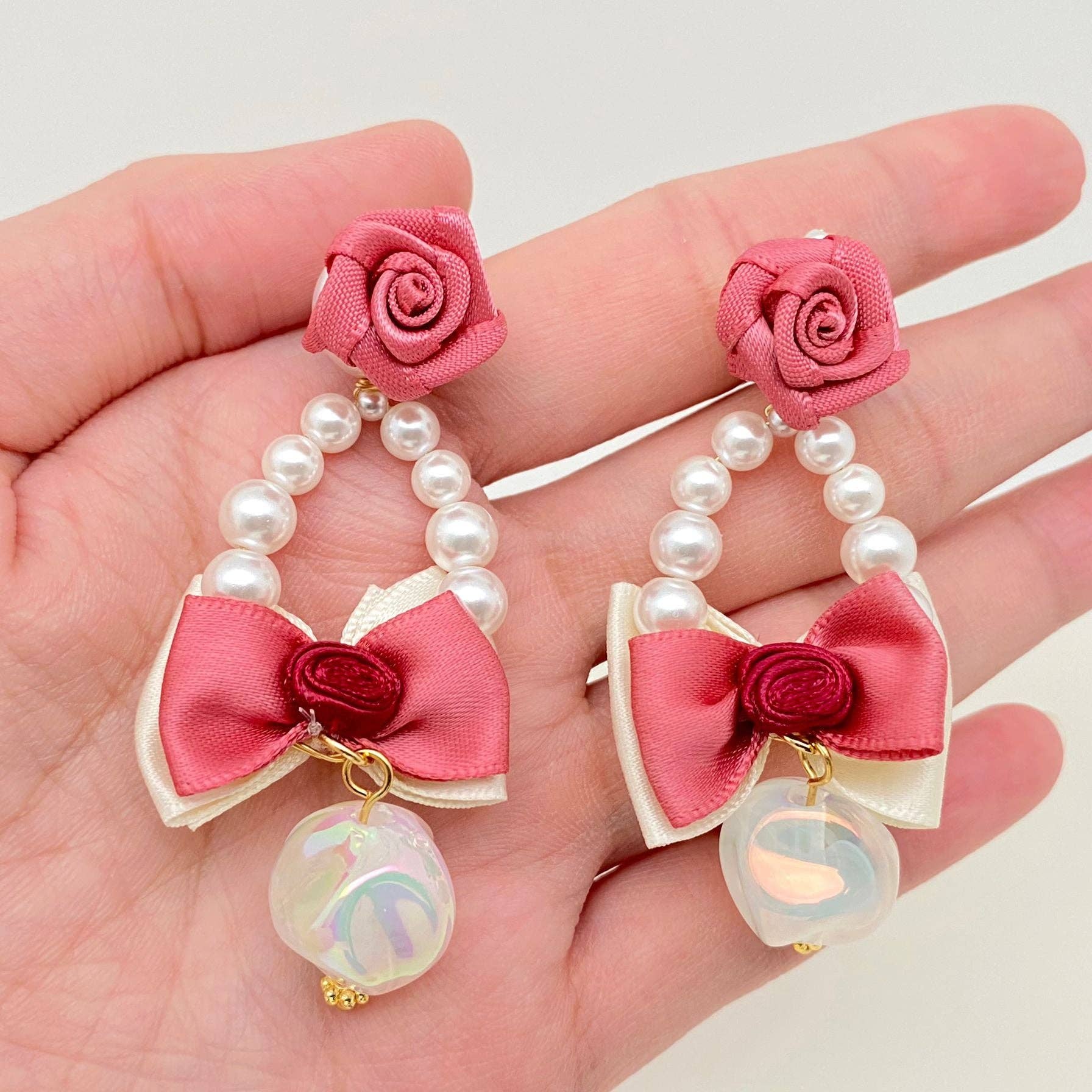 Ribbon Bow & Rose Pearl Pendant  Post Earrings - YK
