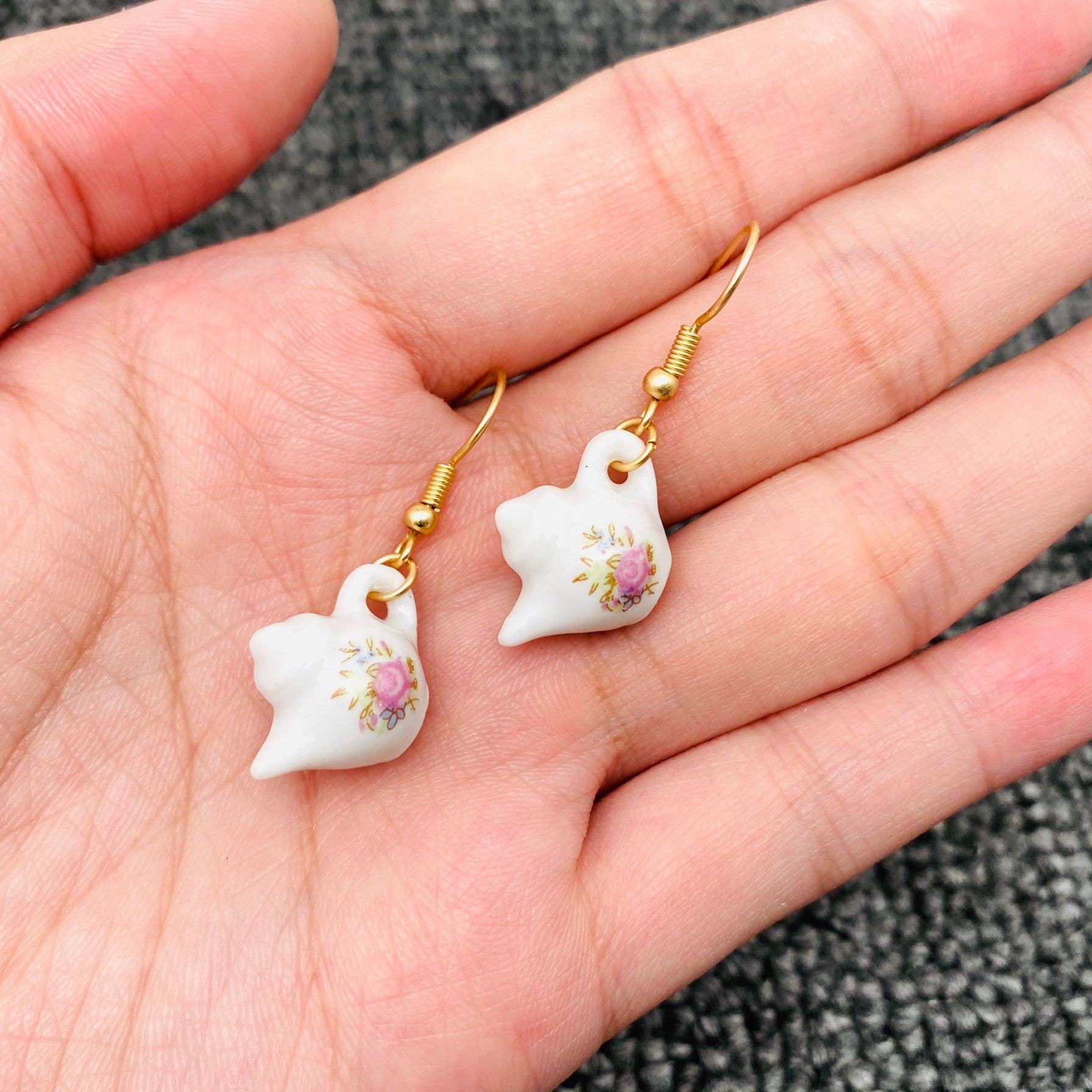 Pink flower Ceramic Teapot & Tea Cup Charm Dangle Earrings: Tea cup
