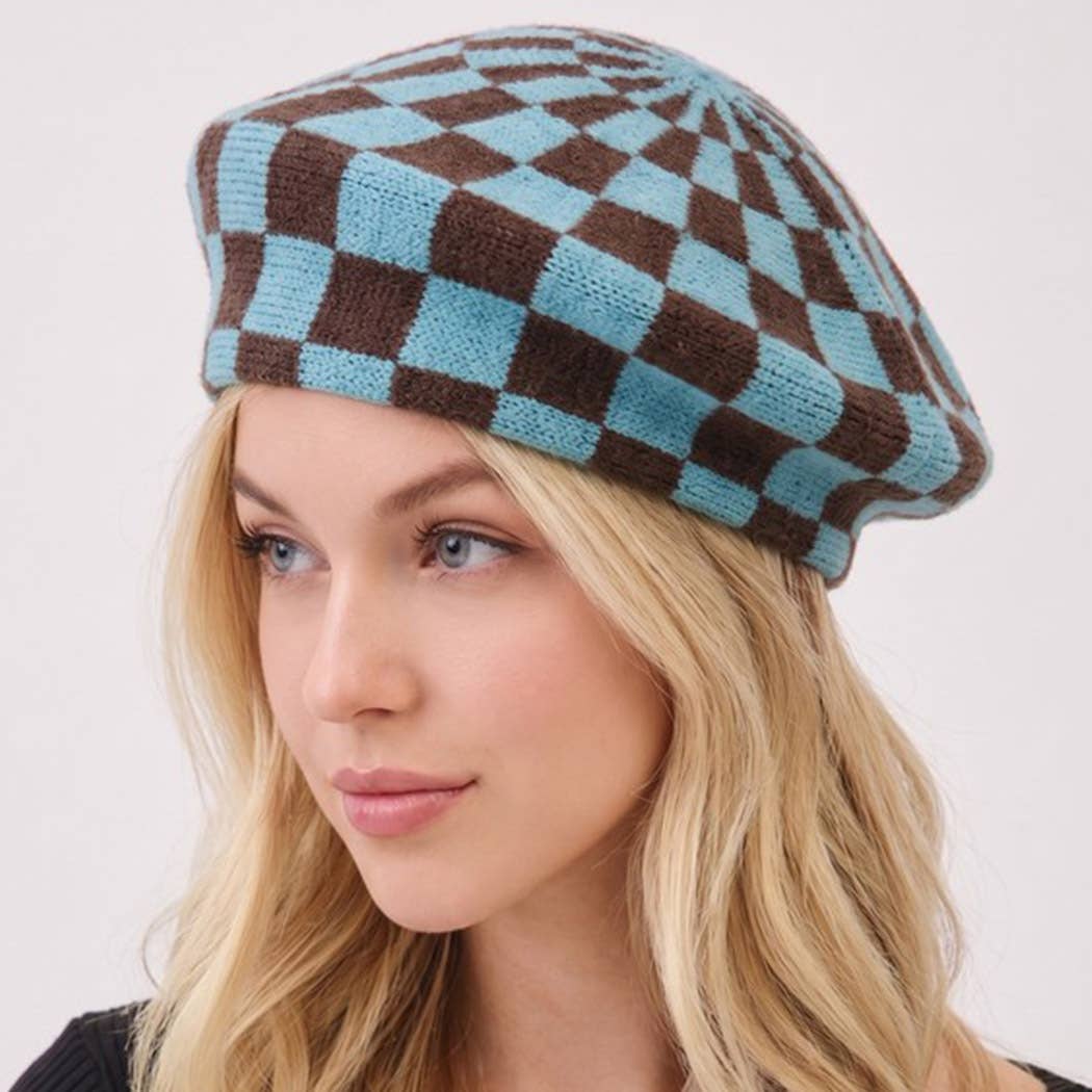 Geometric Checkered Knit Beret: TNPK