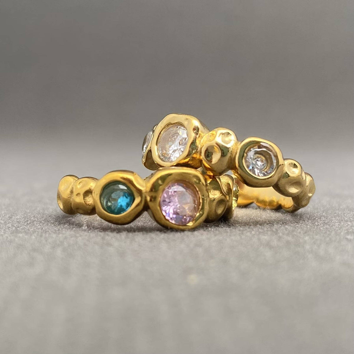 Zircon Inlaid Hammer Texture 18K Gold Plated S.Steel Ring - FGS: Colored / 8