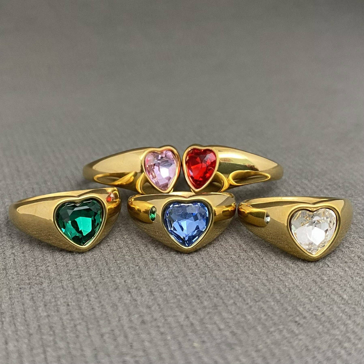 Colored Heart Zircon Glossy 18K Gold Plated S.Steel Ring - FGS: Purple / 10