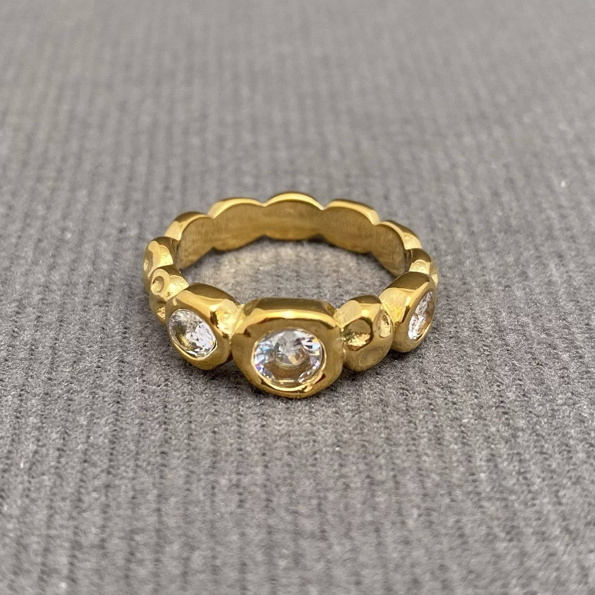 Zircon Inlaid Hammer Texture 18K Gold Plated S.Steel Ring - FGS: Colored / 8
