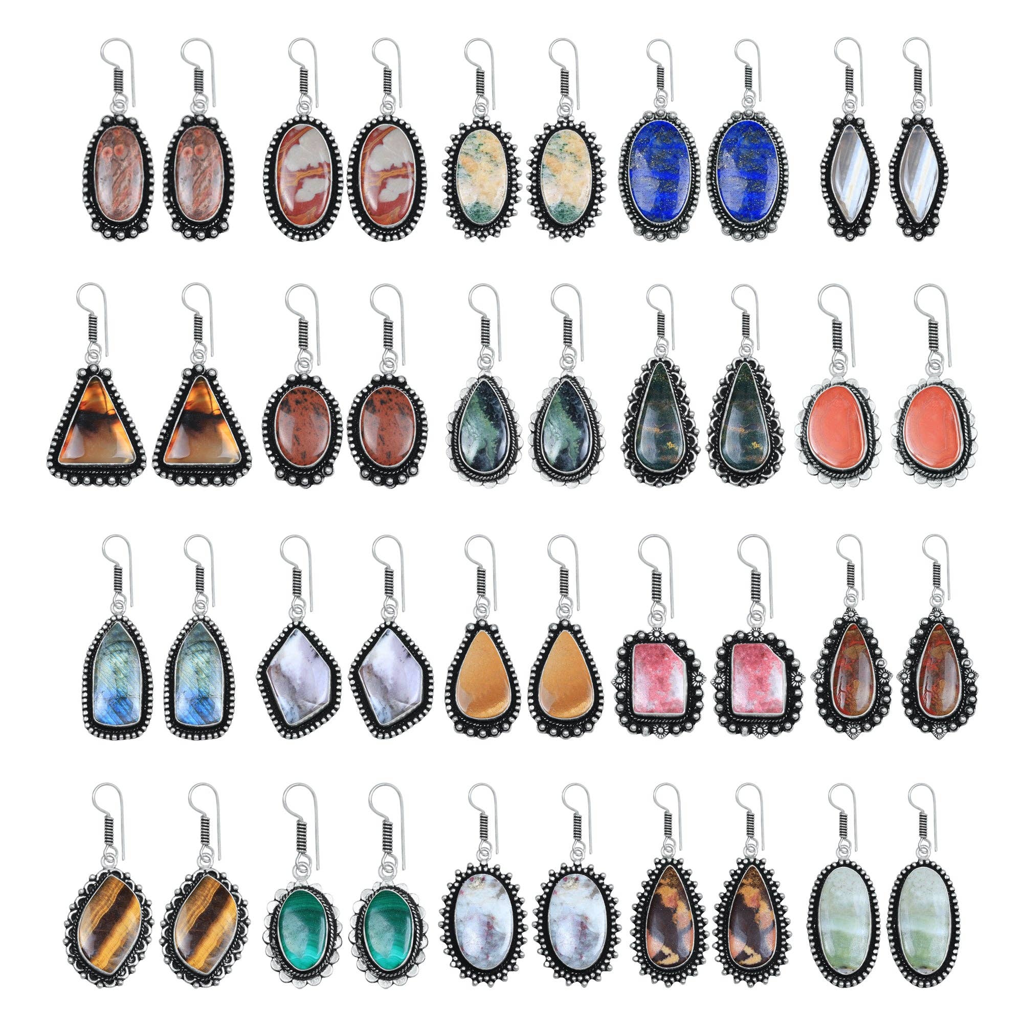 Boho Designer Earrings – Silver-Plated, Handmade, Assorted Gemstones | Wholesale: Pack of 20