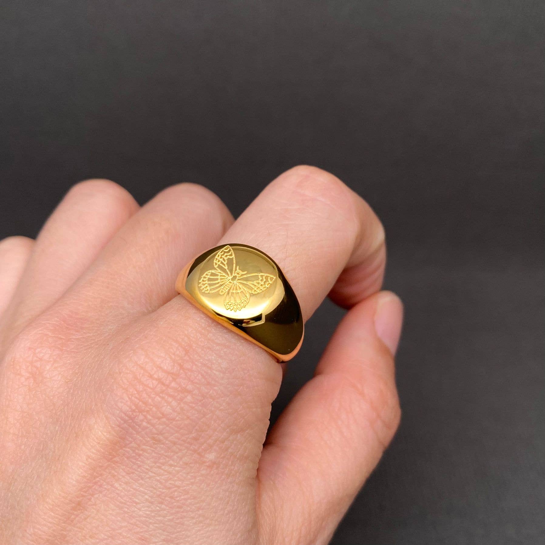 Butterfly Signet 18K Gold Plated Stainless Steel Ring - FGS: 8
