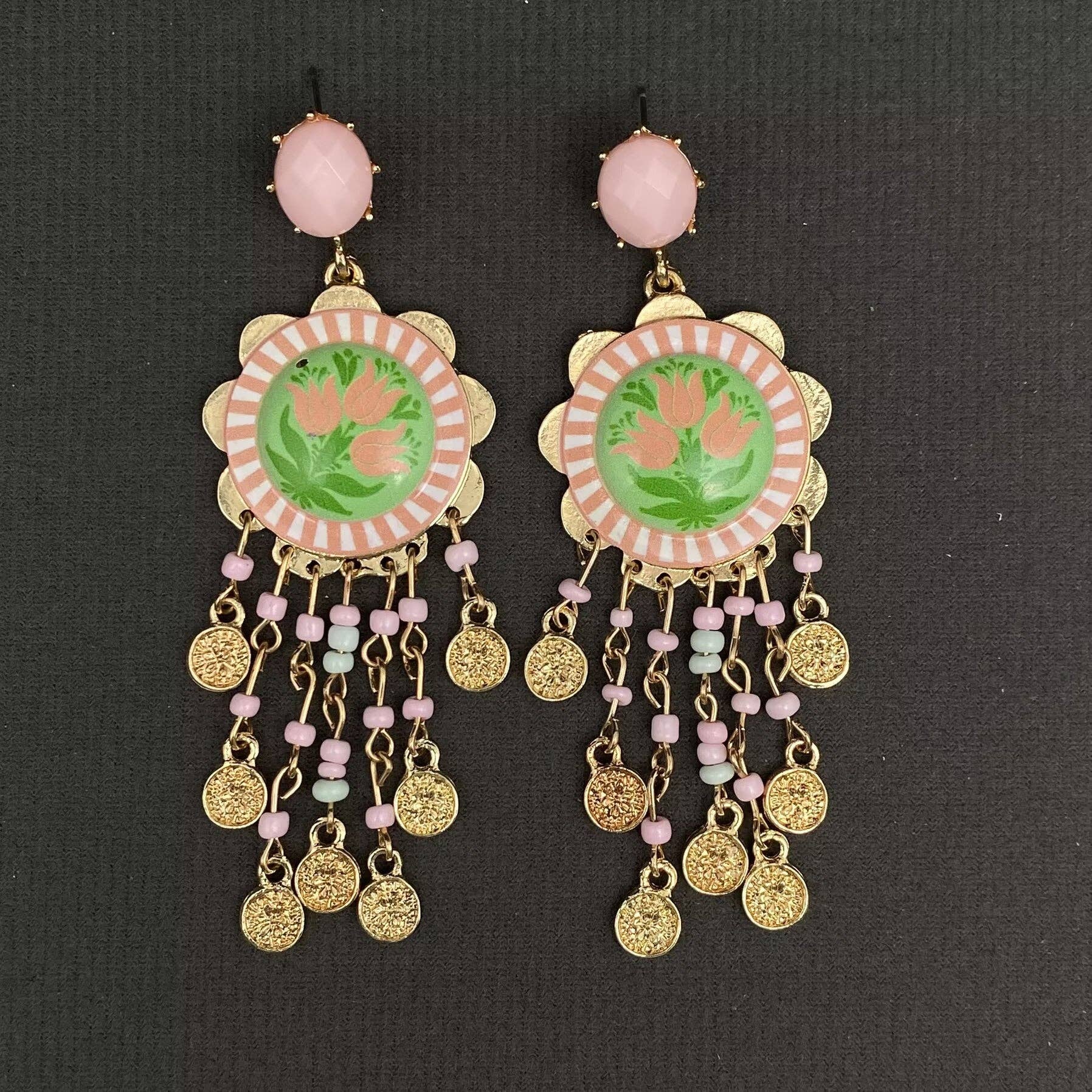 Enamel Tulip Flower Coin Tassel Dangle Earrings: Red