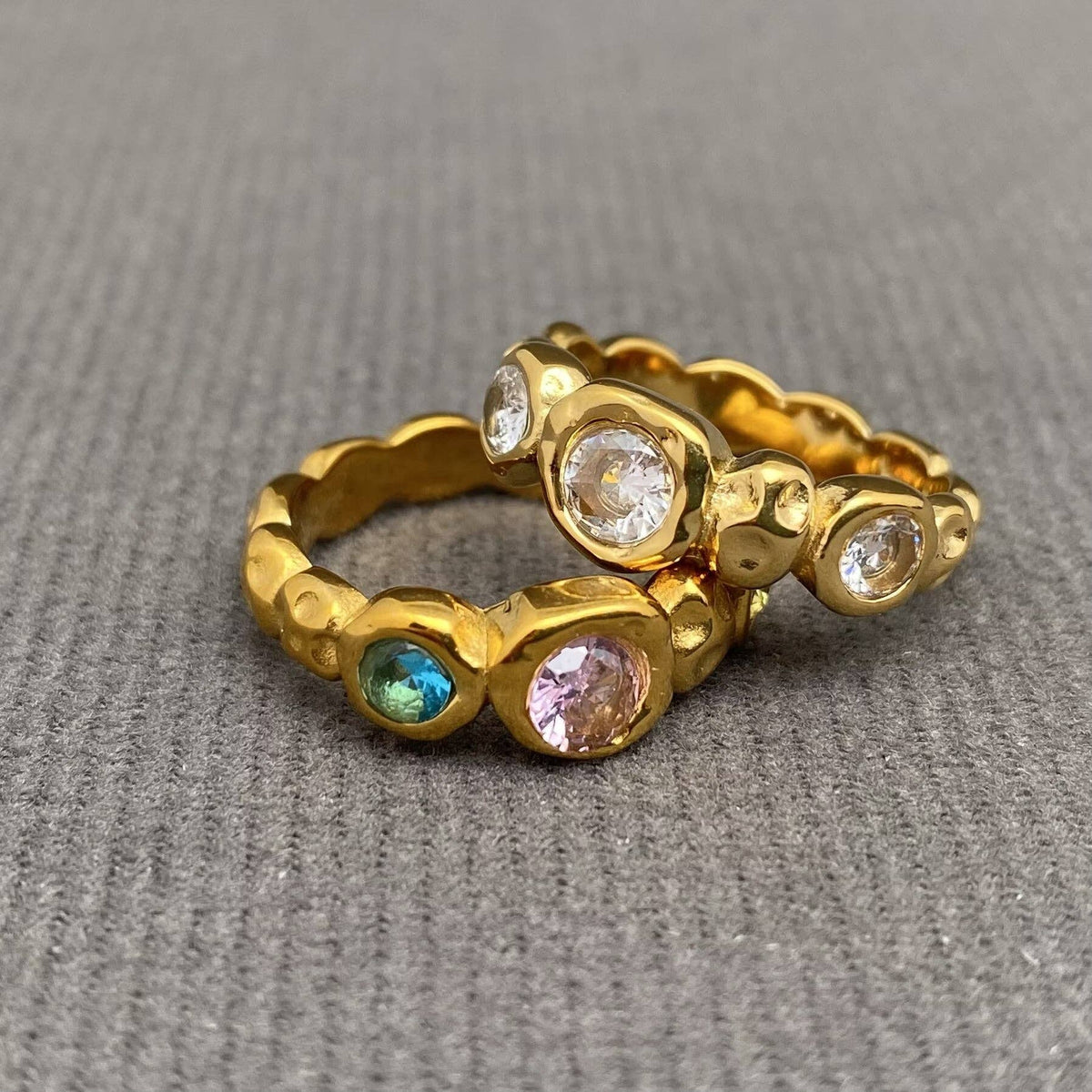 Zircon Inlaid Hammer Texture 18K Gold Plated S.Steel Ring - FGS: Colored / 8