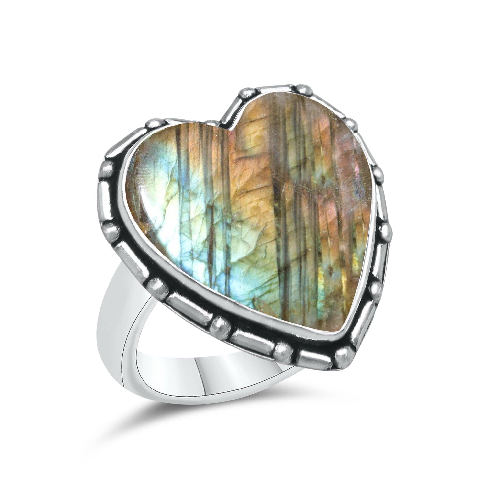 Labradorite Heart Rings – Silver-Plated, Handmade, Blue Flash (US Sizes 6–10, Non-Adjustable) | Wholesale: 10 Rings