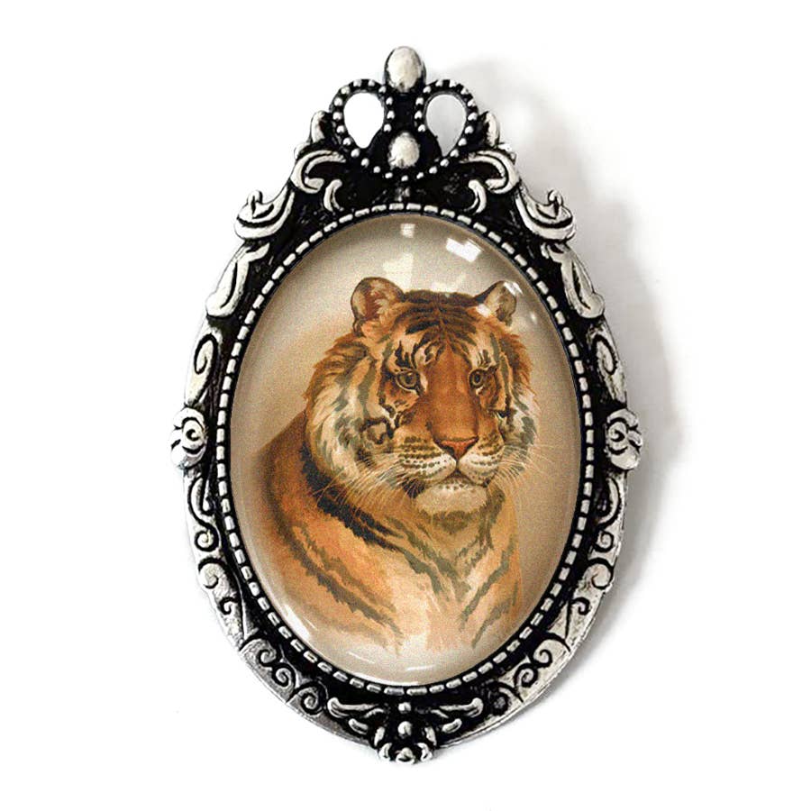 Victorian Tiger Illustration Brooch Vintage Art: Antiqued Silver