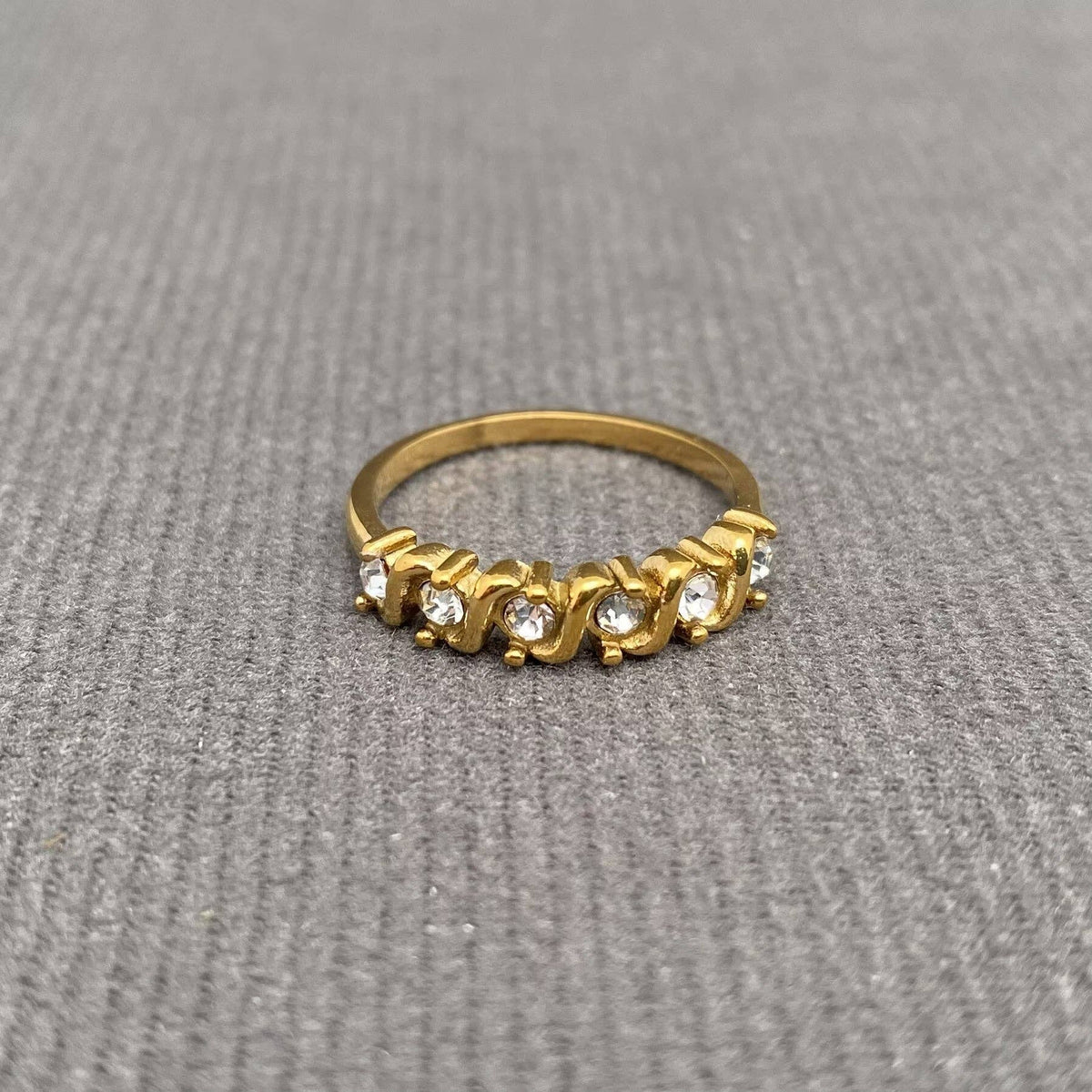 Multiple Zircon Inlaid 18K Gold Plated Stainless Steel Ring - FGS: B / 8