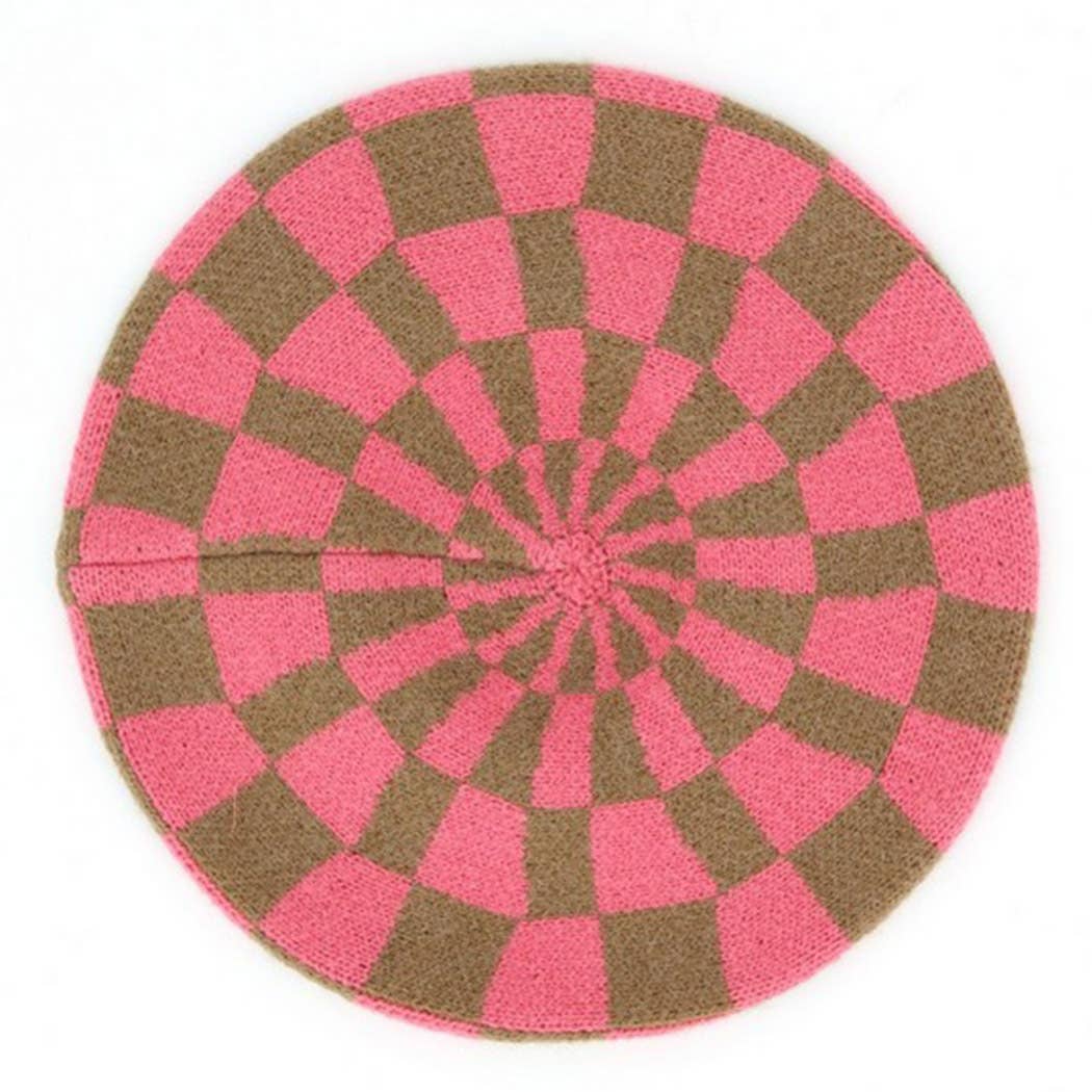 Geometric Checkered Knit Beret: TNPK