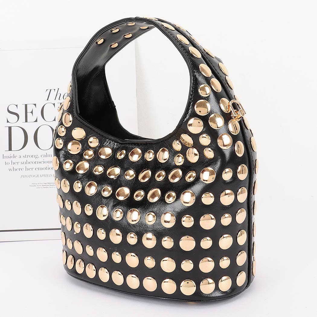 Vegan Leather Metal Studded Hobo Bag: BKSL