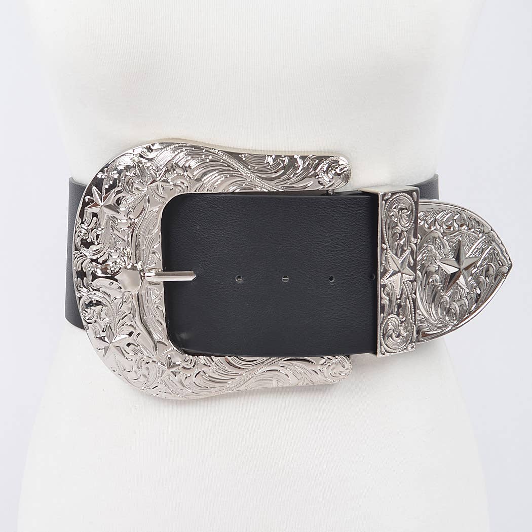 Oversized Buckle Plus Size Belt: Black Silver