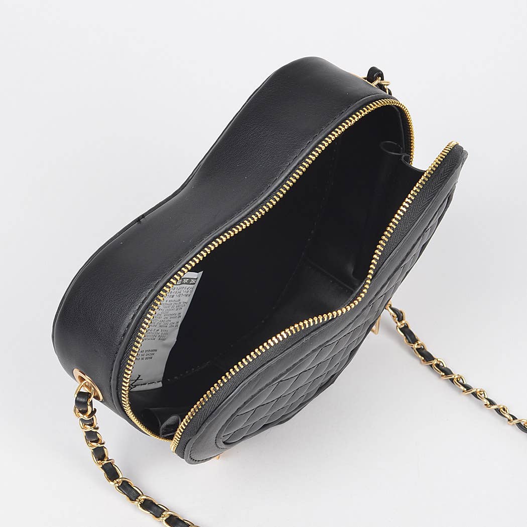 Quilted Blk Heart Shape Crossbody Bag: Black