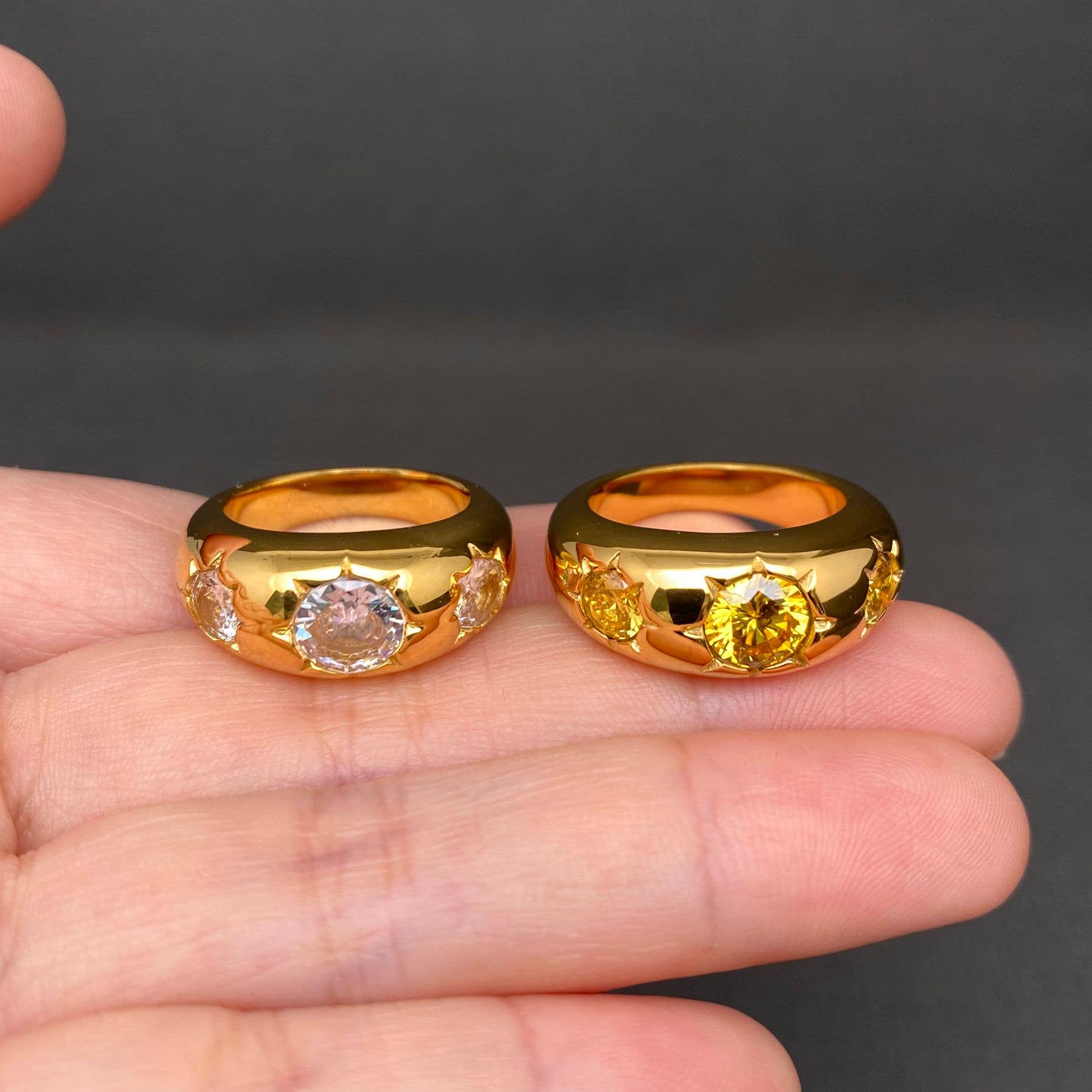 3 Zircons Inlaid 18K Gold Plated Stainless Steel Ring - FGS: Yellow / 8