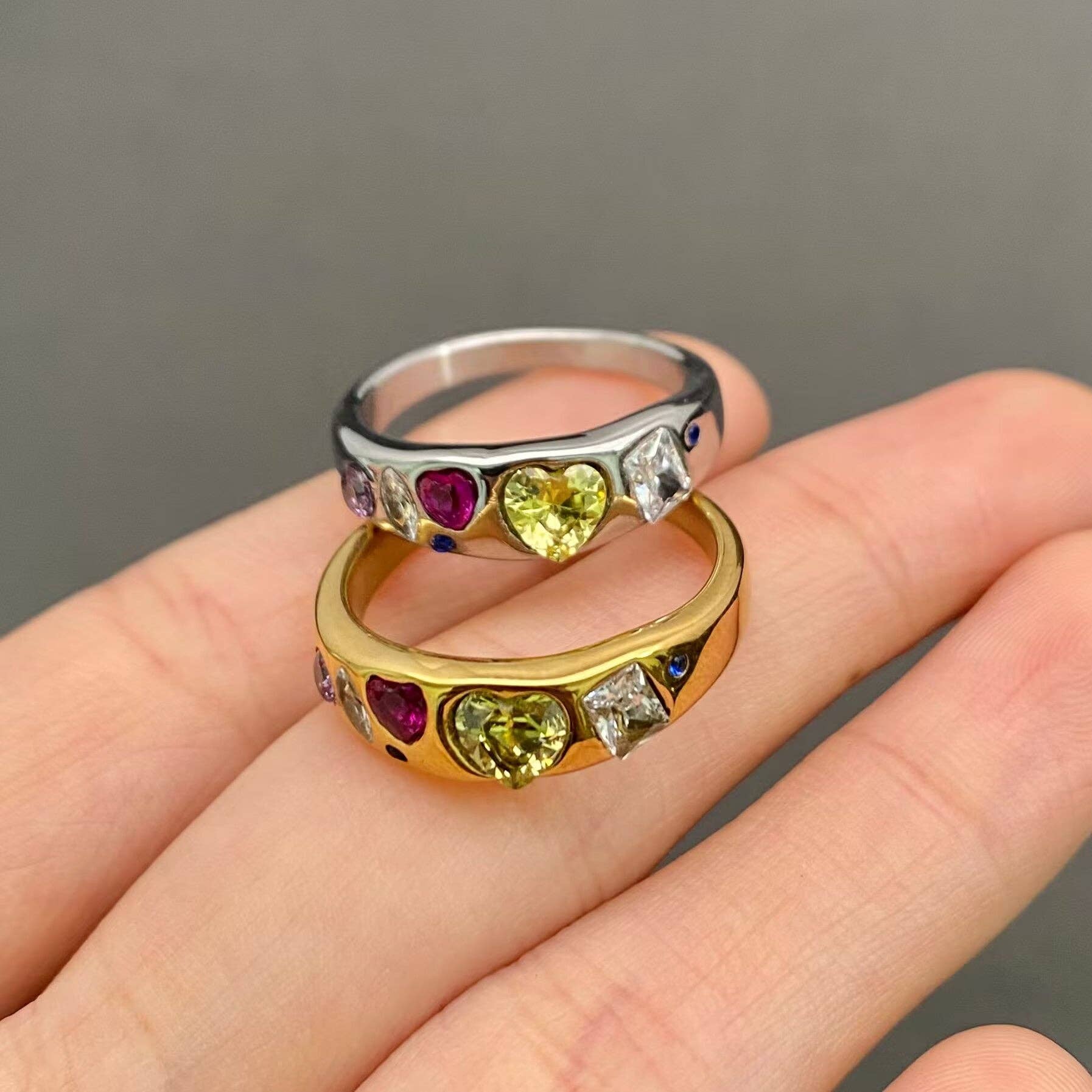 Colorful Zircon 18K Golden Stainless Steel Ring - FGS: Golden / 9