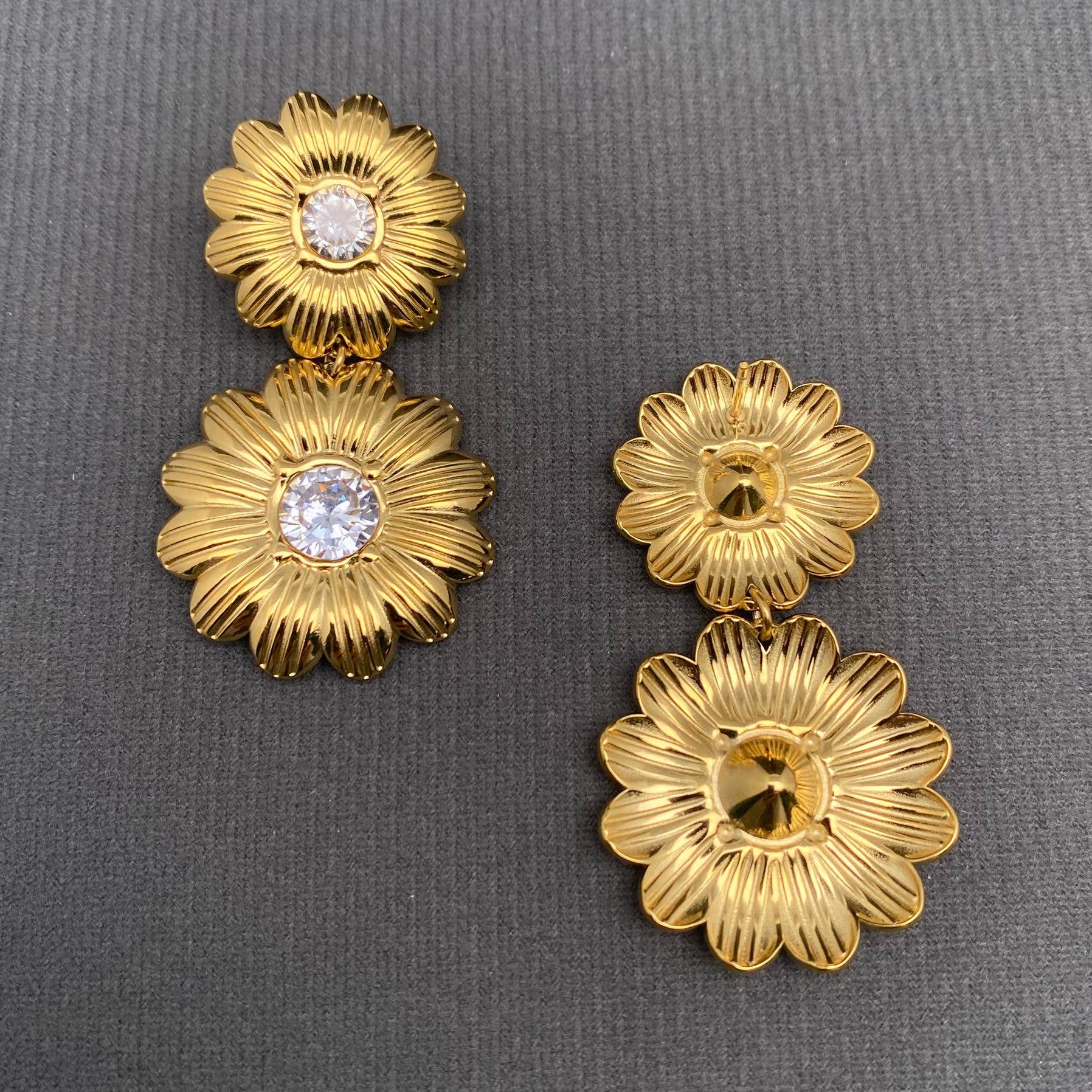 Zircon Inlaid  Double Flower 18K Golden S.Steel Earrings - FGS