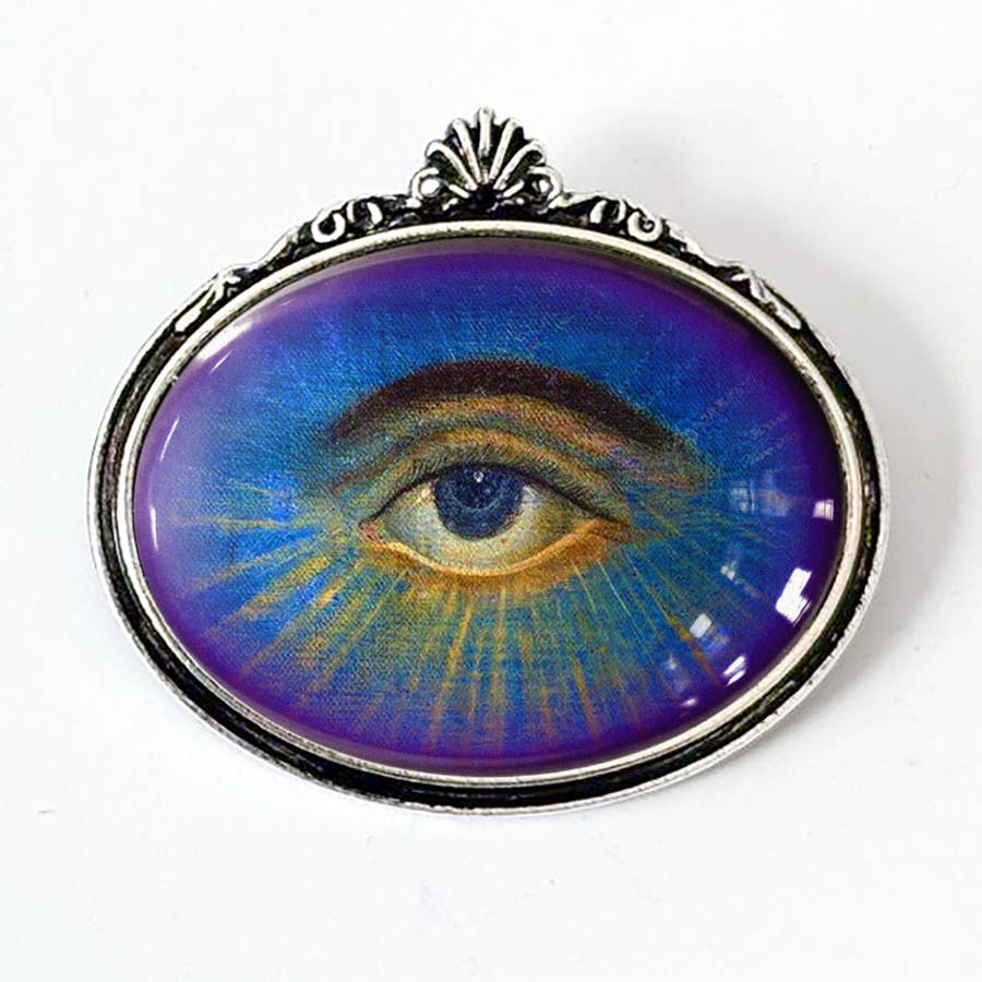 Allseeing Eye Painting Brooch Vintage Art Blue: Antiqued Silver