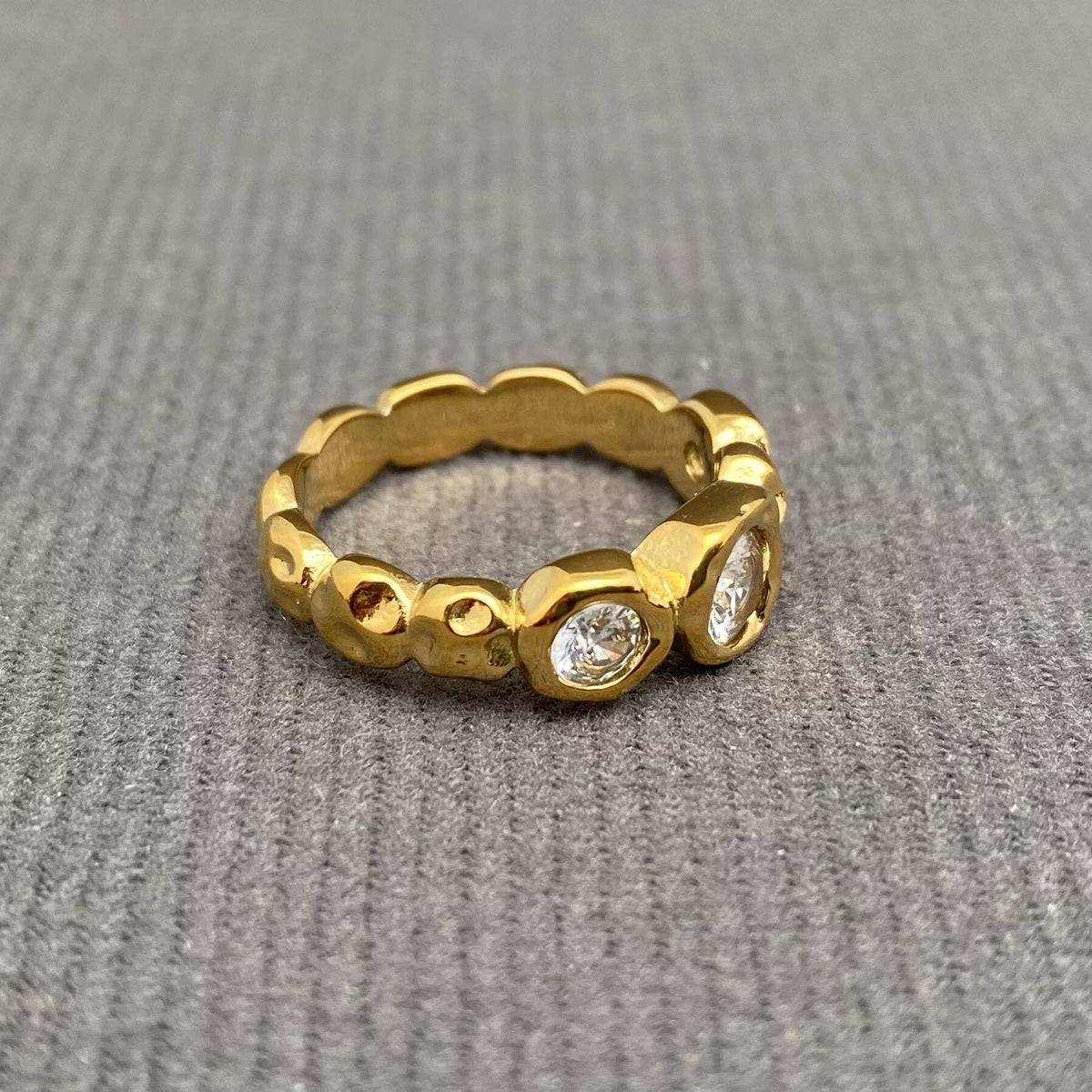 Zircon Inlaid Hammer Texture 18K Gold Plated S.Steel Ring - FGS: Colored / 8