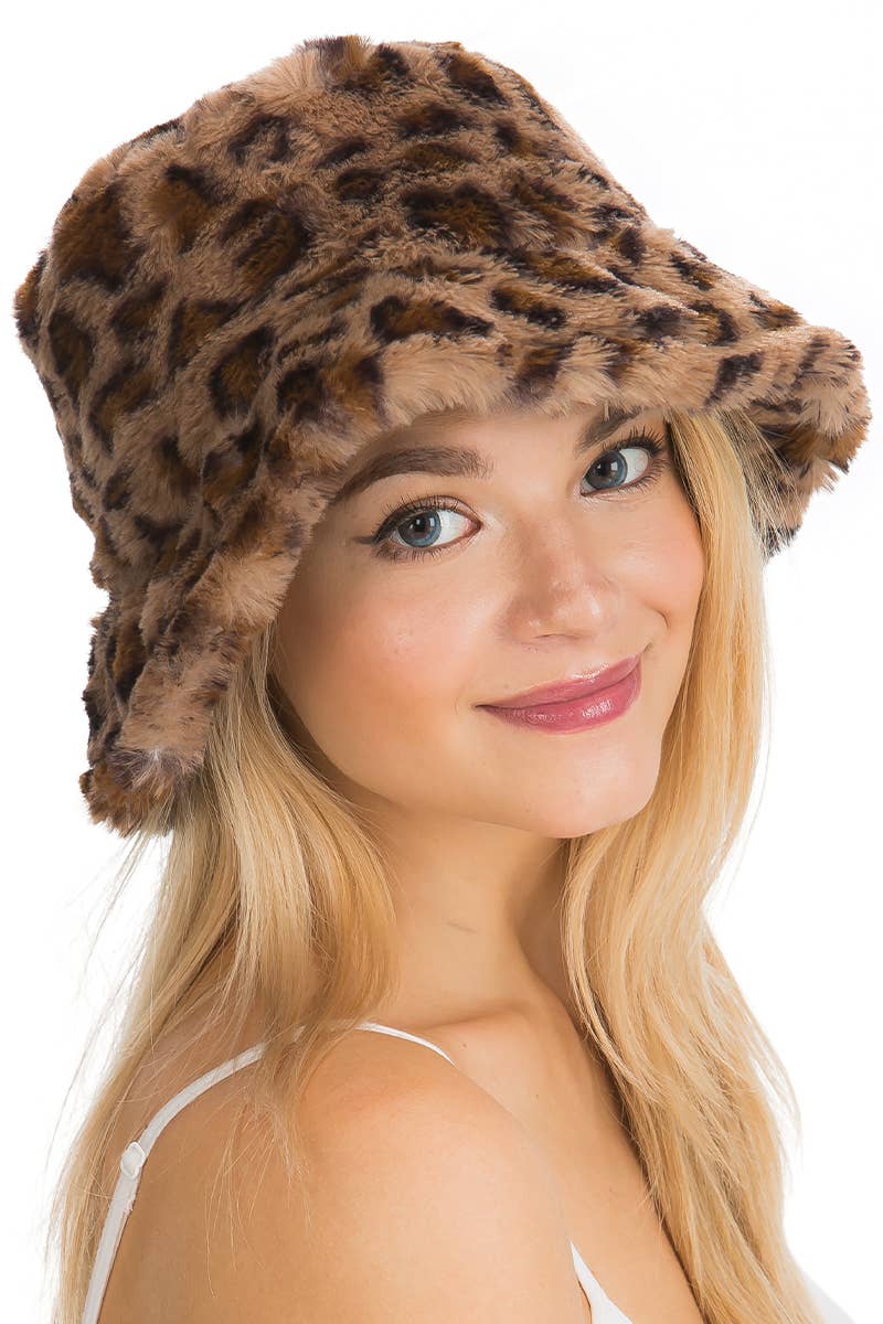 Cap Zone - Leopard Print Fuzzy Faux Fur Fluffy Bucket Hat