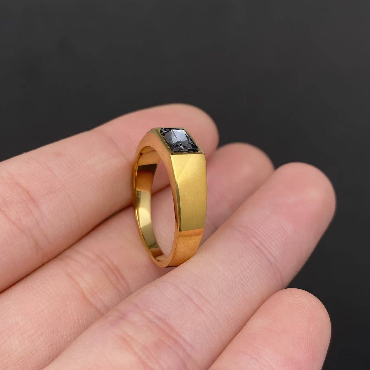 Square Zircon Inlaid 18K Gold Plated Stainless Steel Ring - FGS: Steel Color+Black / 10