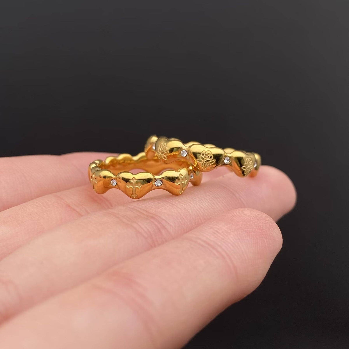 Cross & Flower Signet 18K Gold Plated Stainless Steel Ring - FGS: Rose / 8