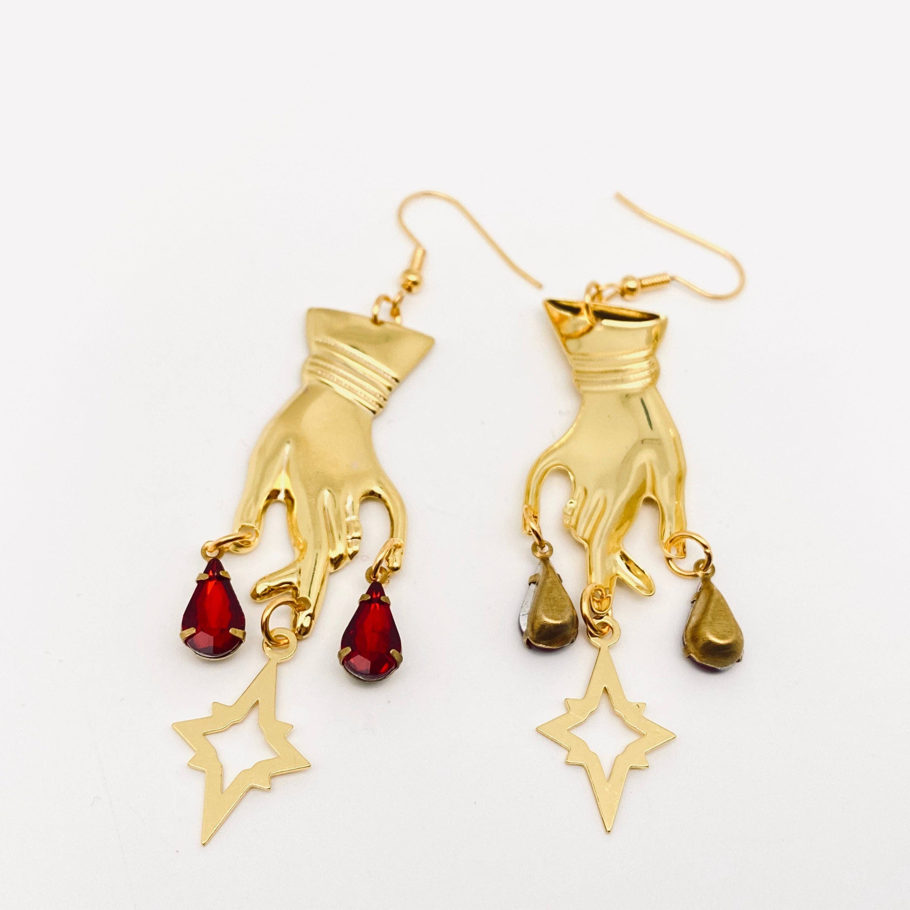 Golden Hand Red Rhinestone Pendant Earrings Gothic Style -GT: Earrings