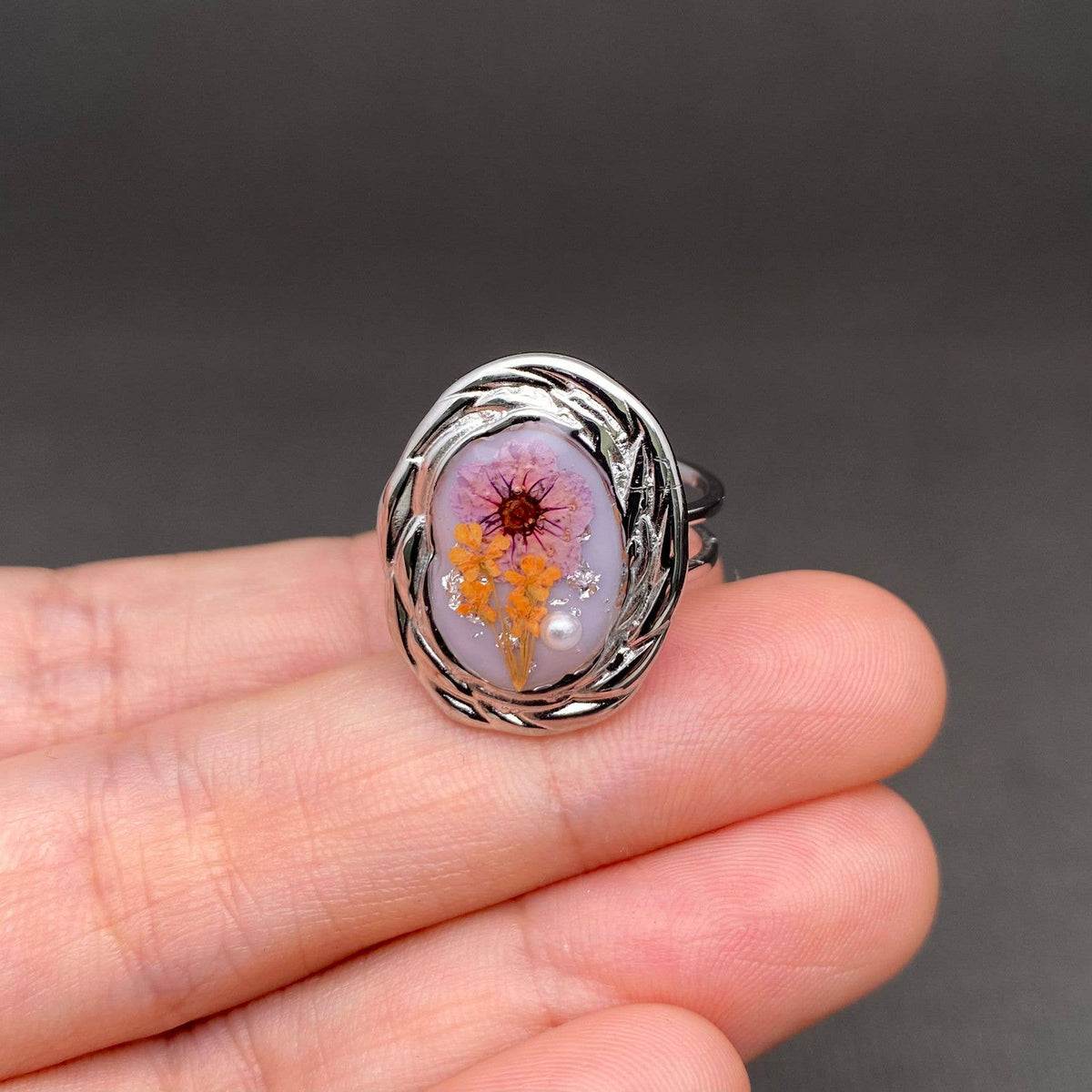 Multiple Styles Dried Flowers Stainless Steel Ring - PDF: Style E