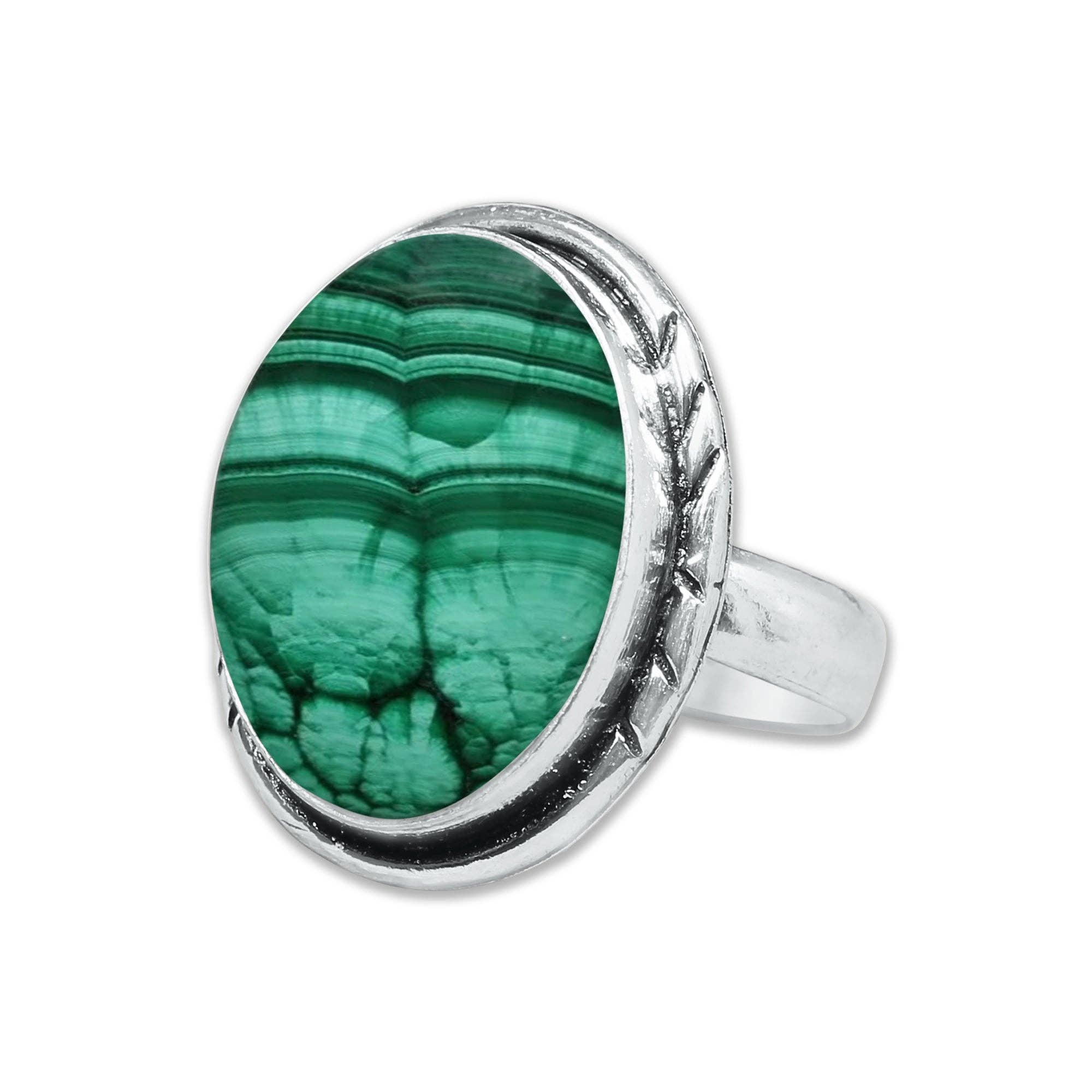 Malachite Rings – Silver-Plated, Handmade, Bold Green (US Sizes 6–10, Non-Adjustable) | Wholesale: 5 Rings