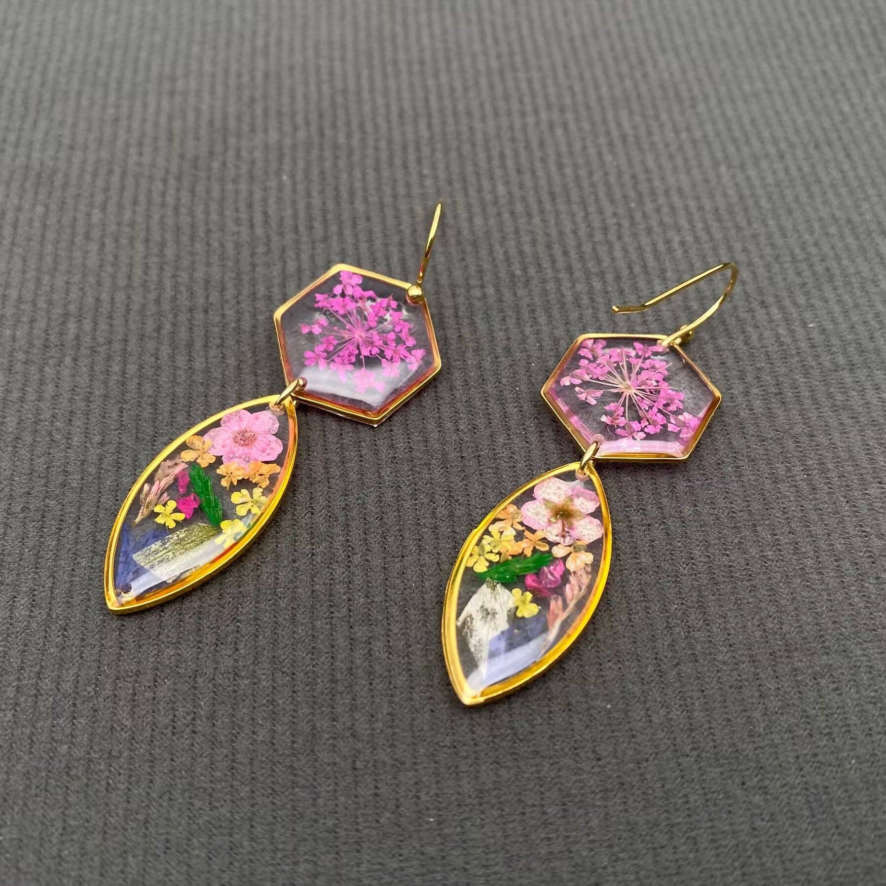 Dried Flowers Floral Geometric 18K Golden SS Earrings - PDF