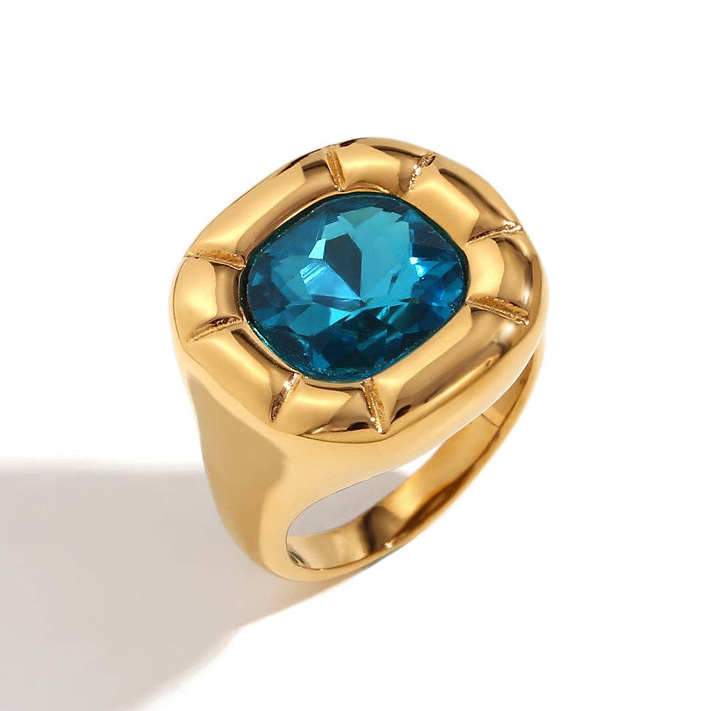 FGS - Large Zircon 18K Gold Plated Stainless Steel Ring : Blue zircon / 8