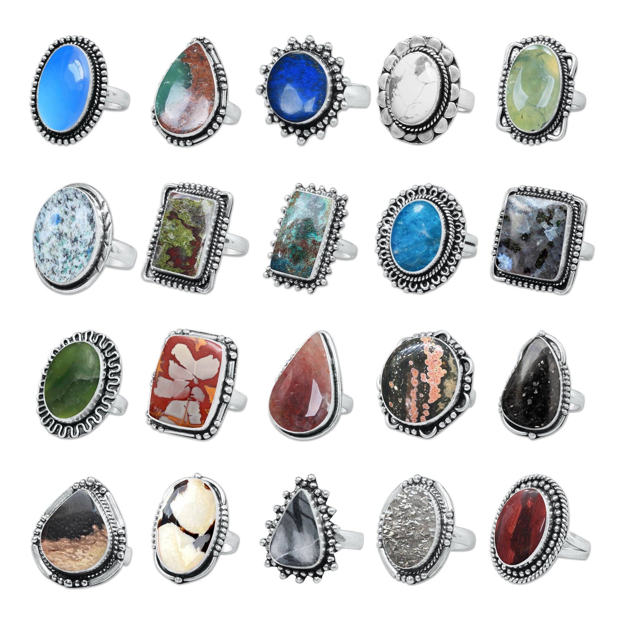 Bohemian Crystal Rings Set - Silver Plated, Mixed Sizes, Assorted Designs: Gold / 10 Rings