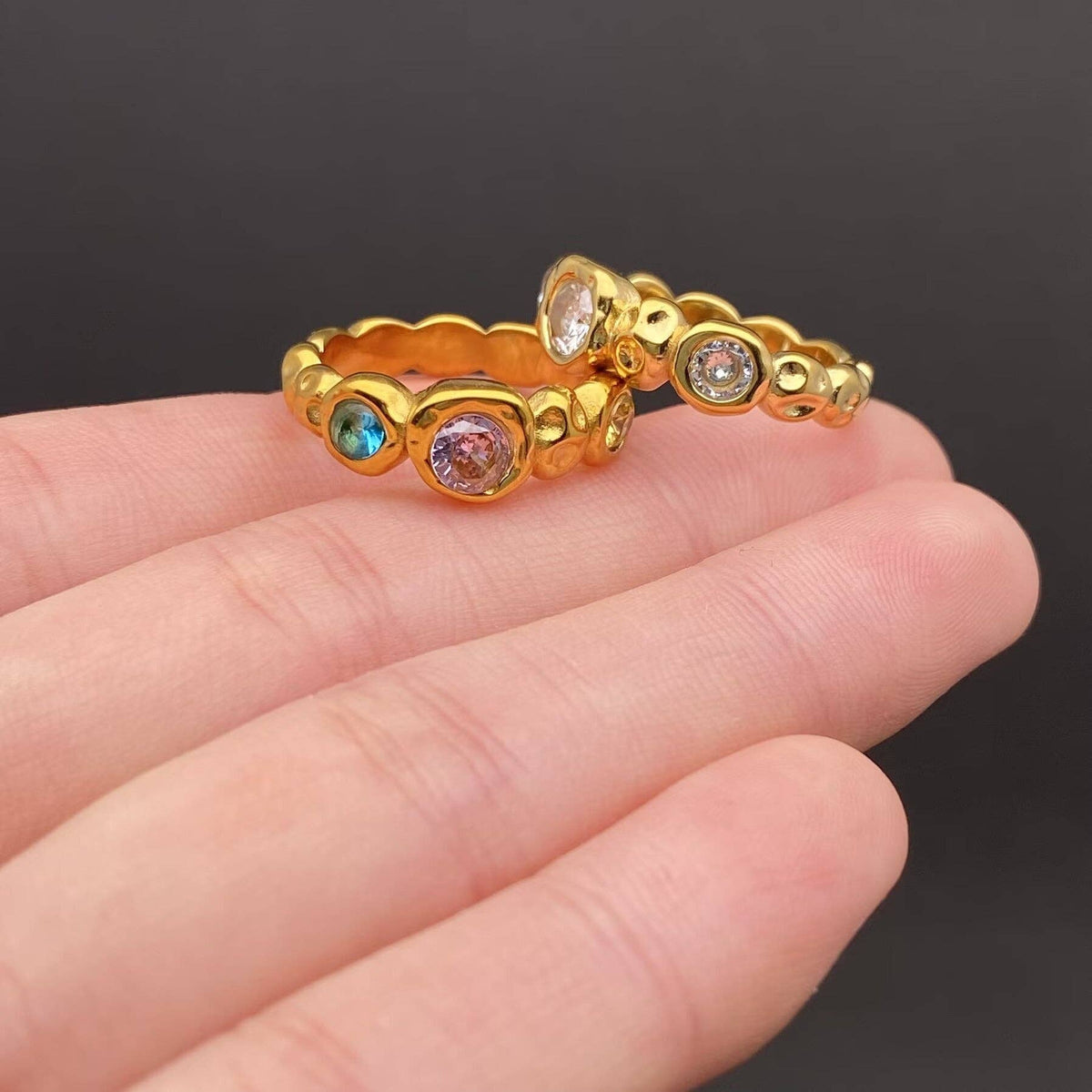 Zircon Inlaid Hammer Texture 18K Gold Plated S.Steel Ring - FGS: Colored / 8
