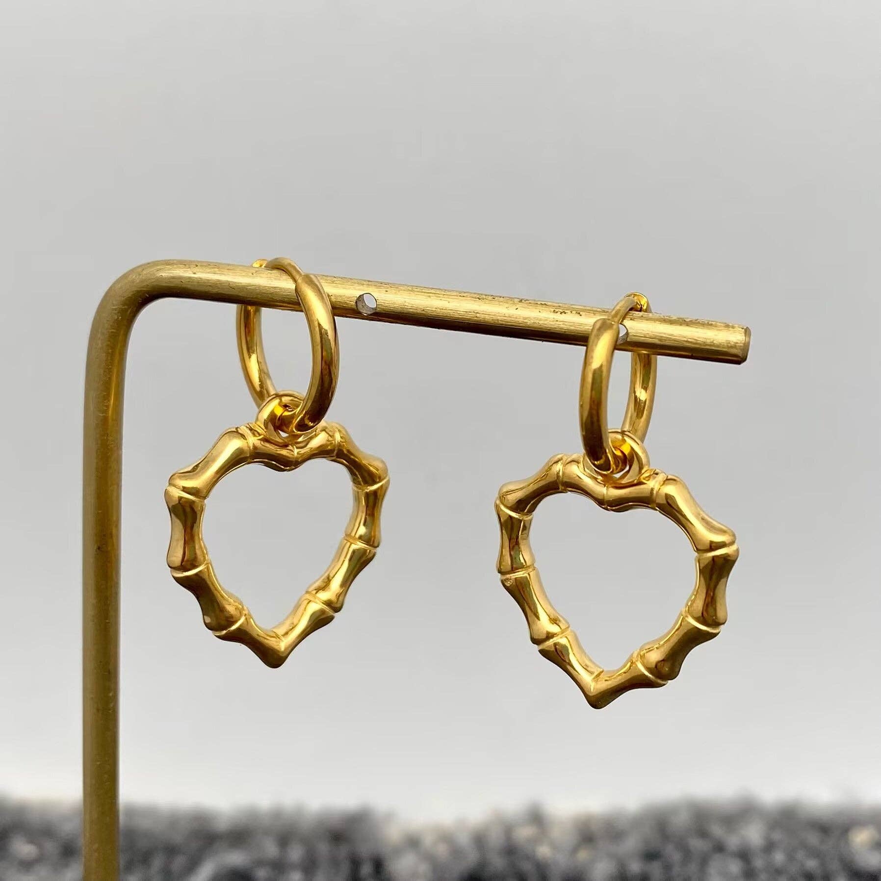 Hollow Bamboo Heart 18K Golden SS Huggie Earrings - FGS