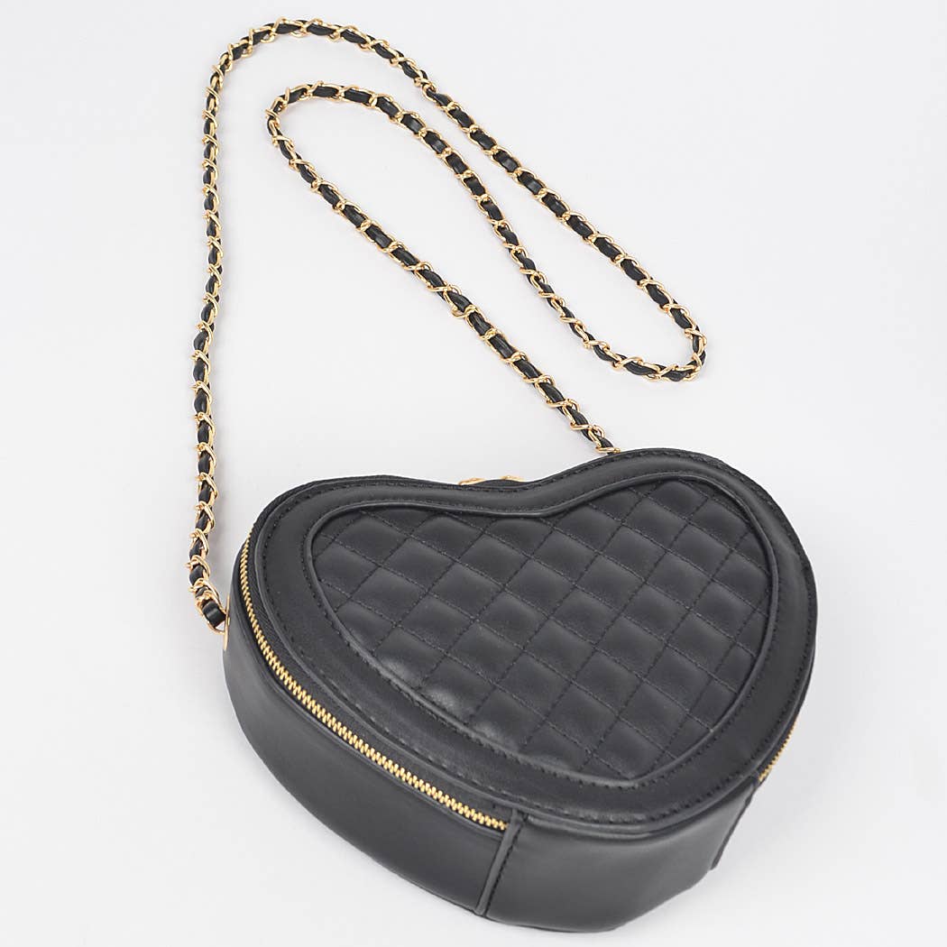 Quilted Blk Heart Shape Crossbody Bag: Black