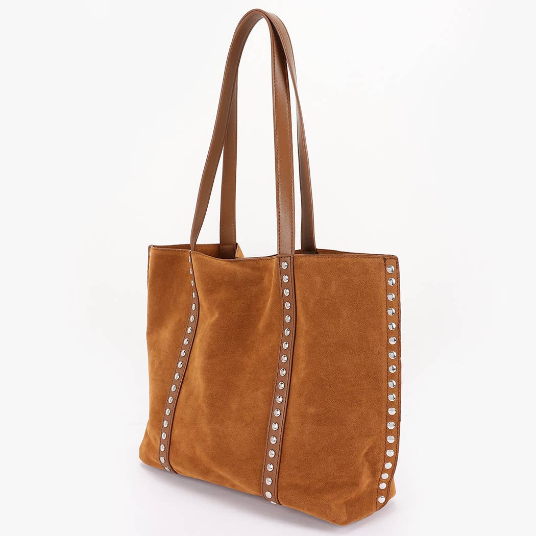 Faux Suede Burg Studded Tote Bag: BUR