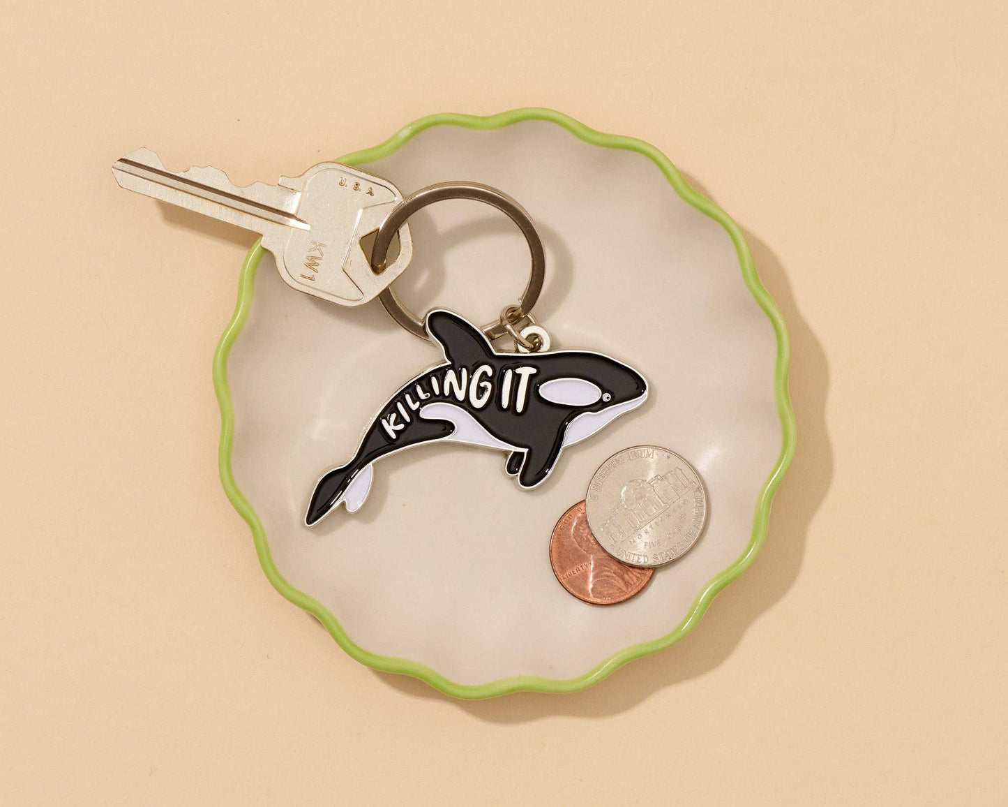 And Here We Are - Killing it Orca Enamel Keychain Killer Whale - stocking stuffer