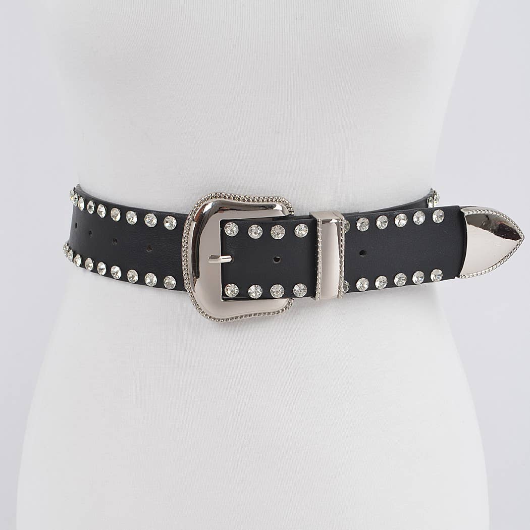 Rhinestone Trimmed Multi Metal Plus Size Belt: Black Silver