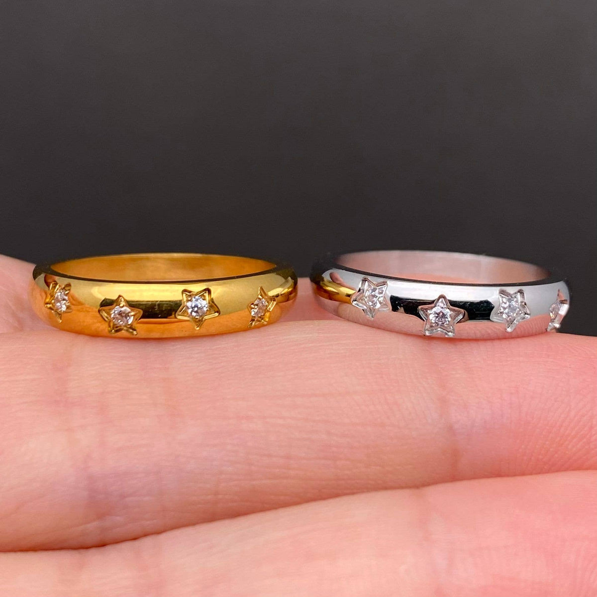 Zircon Inlaid Star 18K Gold Plated S.Steel Ring - FGS/MS: Steel color / 8