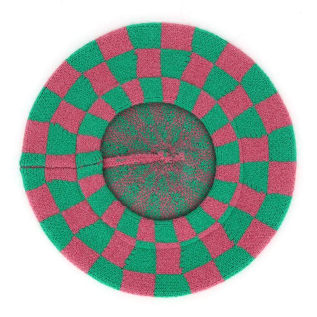 Geometric Checkered Knit Beret: TNPK